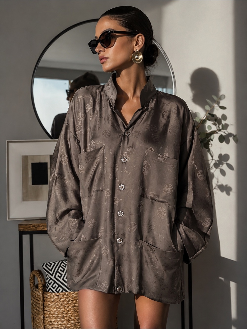 Bear 100% Pure Silk  Button-Up Tunic Jacket